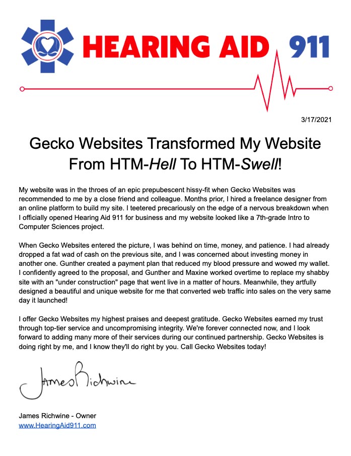 Testimonial from James Richwine for Gecko Websites
